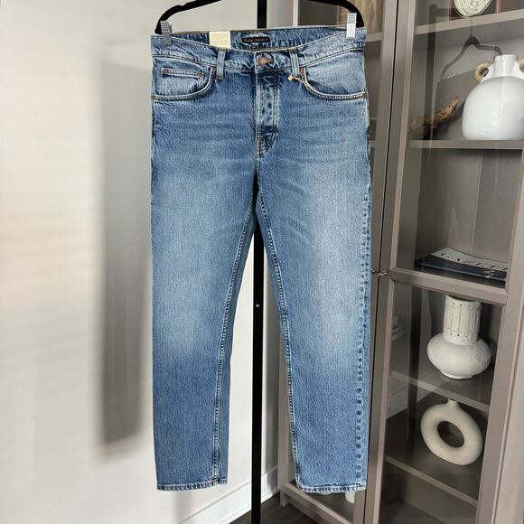 Nudie Solid Ollie Slim Fit Worn Vintage Straight Leg Jeans 32x30 NEW Blue Denim - Picture 2 of 9